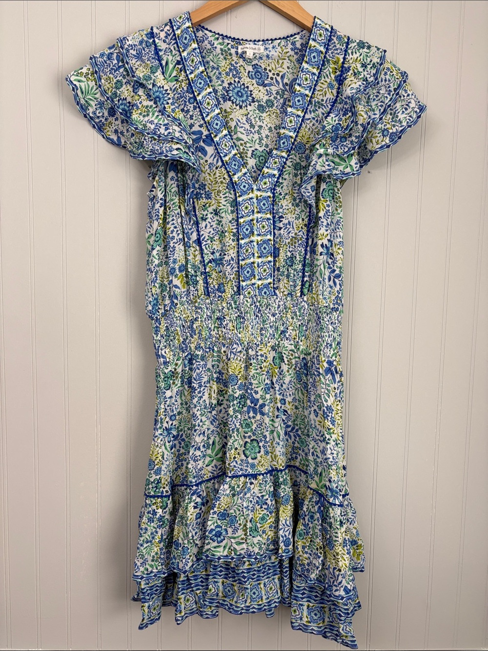 Poupette St Barth Short Sleeve Tiered Mini Dress Women Size Small Blue Green
